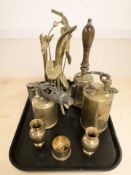 A brass school bell together with a blow lamp, pair of vases, trench art ashtray,