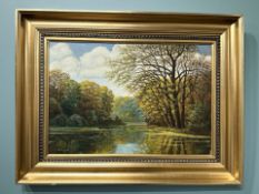 Danish School : A calm river through woodland, oil on canvas,