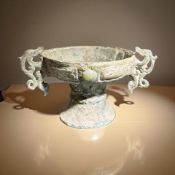 A Chinese archaic style metal pedestal bowl, with inset hardstone cabochons,