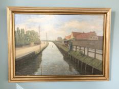 Danish school : Study of a canal through a town, oil on canvas,