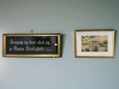 A Continental gilt framed embroidery 89 cm x 36 cm together with a colour print depicting a chateau