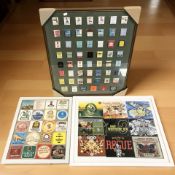 A glazed montage of vintage matchbooks and two further montages of beer mats and beer cases