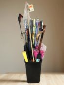 Asssorted new umbrellas, wooden walking sticks, litter picker,