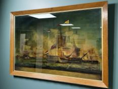 A Georgian style reverse print on glass depicting a naval battle,