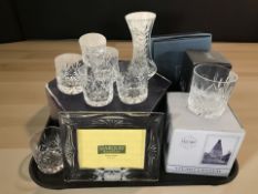 A Marquis by Waterford crystal photograph frame and a group of Stuart crystal including tumblers