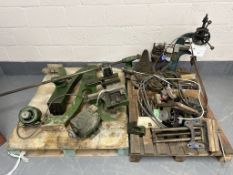 A vintage Britannia Co Toolmakers Colchester workshop lathe with accessories and various tools,