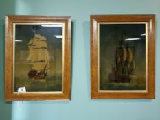 Two Georgian style reverse prints on glass depicting battle ships,