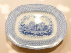 A blue and white transfer printed meat plate,