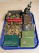 A group of Victorian and later British copper coins, small microscope,