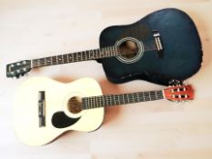 An Encore acoustic guitar and a Burswood acoustic guitar