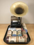 An Edison Gem Phonograph in oak case with horn and quantity of cylinders