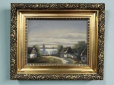 Danish School : Thatched cottages by a coast with ships beyond, oil on canvas,