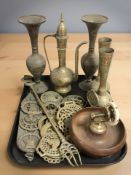 Several Indian enamelled and brass vases, nut cracker bowl,