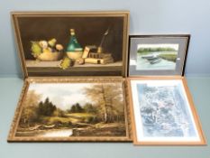 A group of pictures and prints, still life oil on canvas signed Jenkins 60 cm x 90 cm,