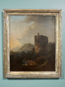 Early 19th century school : A Shepherd and Cattle before a ruin, oil on canvas,