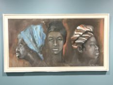 Revillon (20th century) : Study of three African women, oil on canvas laid to board,