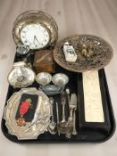 EPNS and pewter items, Japanese table lighter, quartz mantle timepiece, Wills cigarette cards,