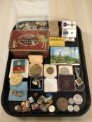 A group of coins, enamelled lapel badges, festival of Britain crown, other tokens, cufflinks,