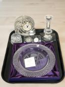 An Edinburgh crystal Victorian anniversary plate together with a quartz mantel timepiece containing
