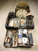 A Georgian painted longcased clock dial and other clock parts, hand tools,