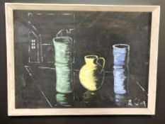 20th century school : still life with pottery vases, indistinctly signed, oil on canvas,