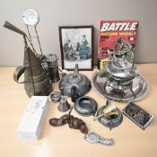 A hammered pewter three-piece tea service, silver plated spirit kettle on stand, other metal wares,