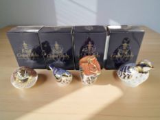 Three Royal Crown Derby porcelain bird paperweights to include redlegged partridge, nuthatch,