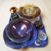 A group of art glass paperweights and bowls, George VI pressed glass dish and further mug.