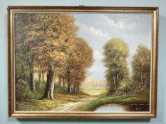 Continental School : A lake by woodland, oil on board, 70 cm x 50 cm.