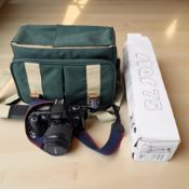 A Canon EOS500 film camera with Canon 35-80mm lens, Canon camera bag and a Star 75 tripod in box.