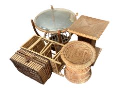 A wicker stool, hamper, three tier stand,