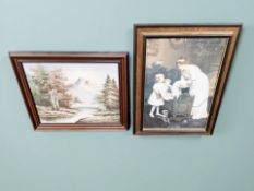 Coxwood (Contemporary) : A calm stream with mountains beyond, oil on canvas laid to board,