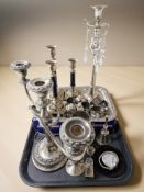 A silver plated candelabrum, further candlesticks, napkin rings, goblets, lady's quartz wristwatch,