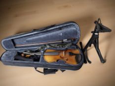 A modern Primavera 4/4 size violin, in case with bow, together with a Stagg violin stand.