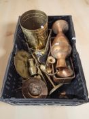 A group of brass and copper wares including candlesticks, planters, large ewer, etc.