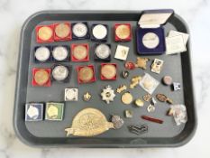 A group of National Dahlia Society medals, other badges and lapel pins,