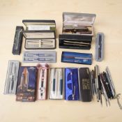 Various ballpoint pens including Parker, Sheaffer, a novelty Mickey Mouse example, etc.