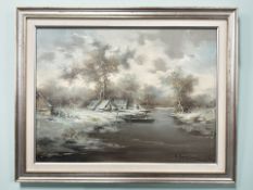 Contemporary Continental School : A hamlet by a stream in winter, oil on canvas,