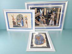 Three Egyptian papyrus pictures, largest 56 cm x 78 cm.