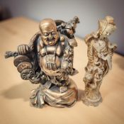 A bronzed resin figure of buddha, height 35 cm, and a further oriental resin figure.