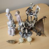 Three Nao figures of children, two Italian pottery figures, model sailing boat,