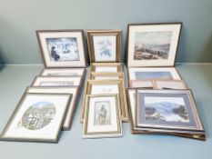 A collection of decorative prints, two framed montages of fishing flies,
