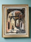 Continental School : Figures in a street below an archway, oil on board, 26 cm x 32 cm.