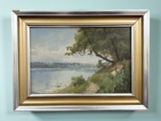 Continental School : View from a riverbank, oil on board, 26 cm x 17 cm, indistinctly signed.