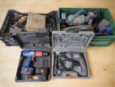 Assorted tools including a Clark bench grinder, hand tools including two Stanley woodworking planes,