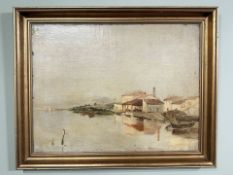 19th Century School : Buildings by a river, oil on board, 34 cm x 26 cm.