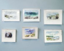 Six continental watercolour drawings depicting scenes by a coast, indistinctly signed,