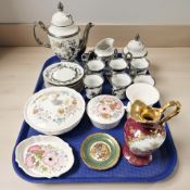 A silvered porcelain coffee service, four pieces of Wedgwood meadow sweet porcelain,