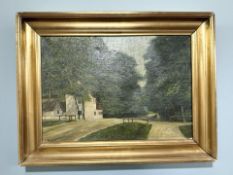 F Osterbye : Buildings by a forest, oil on canvas, 49 cm x 34 cm.