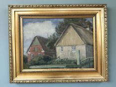 Danish School : Two thatched cottages, oil on canvas, 33 cm x 24 cm.